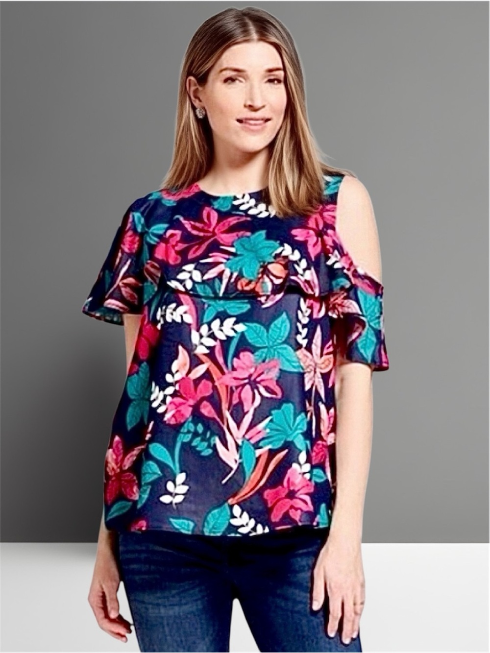 Isabel Maternity Navy Floral Cold-Shoulder Ruffle Blouse